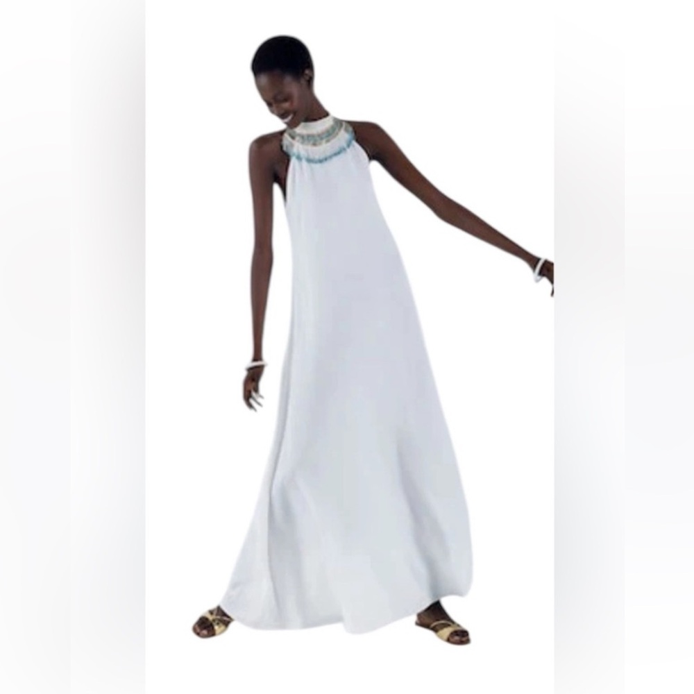 My Beachy Side Hand Beaded Halter Maxi Dress. Small. NWT.